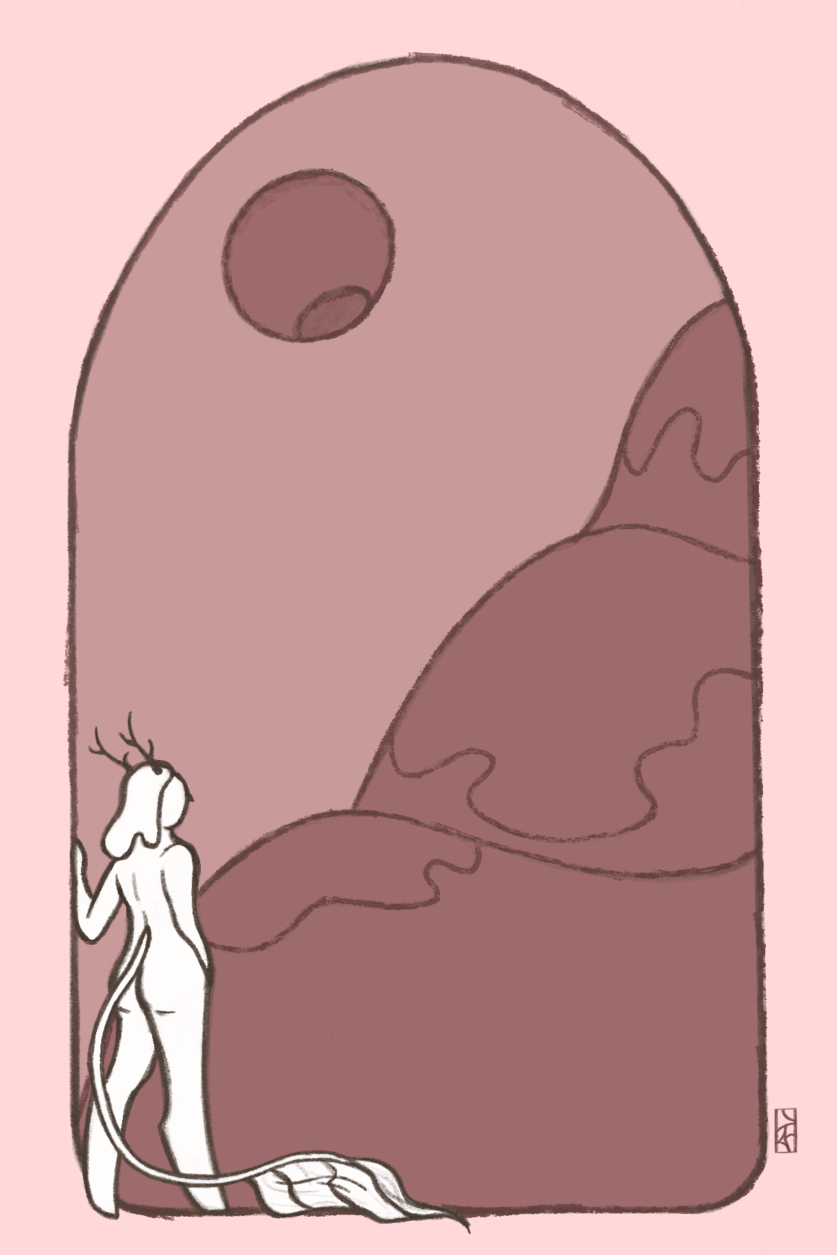 A figure with deer horns and fluffy ended tail looks into the distance through an archway. A scenery with hills and a moon opens for view.