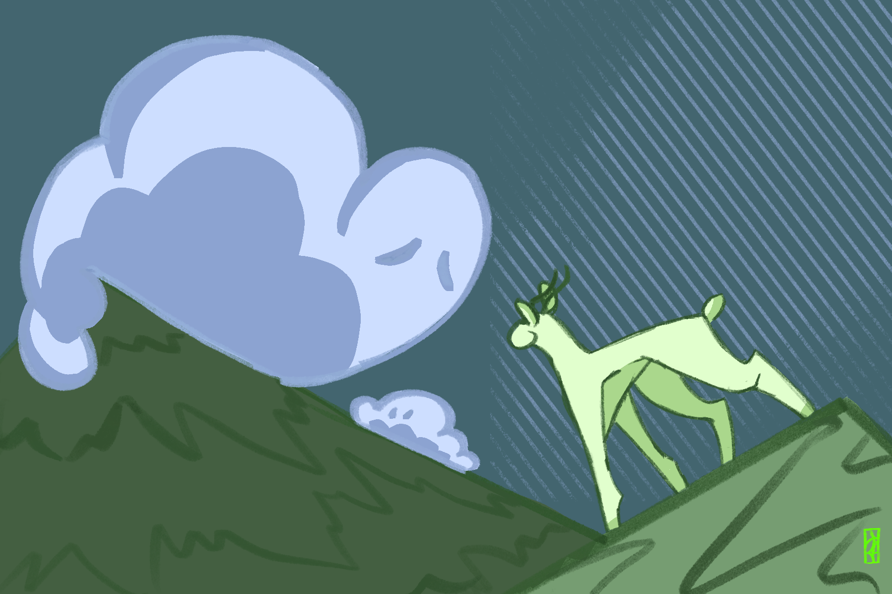 View of two mountain tops. On one mountain top a deer is looking into the distance on the cold clouds rolling on the second hill.