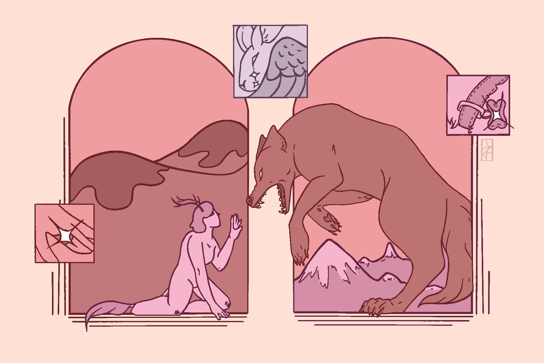 The image is separated by two arches. Left arch features rolling hills in its background and an antlered female figure in the front. The figure is extending the hand towards the wolf, as if to pet it's face. Also on the left side there's a separate box which features a hand wearing a starry marriage ring. The wolf is towering on it's hind legs, mid jump onto the figure, inside the right arch. The right arch has sharp snowy peaks in the background. The mouth of the wolf is wide open, in anger, fear, or both. Even more on the right side is a separate square that features a collar on a canine with a starry name tag. In the dead center of the image there's a separate square which features a winged rabbit crying two tears of stars.