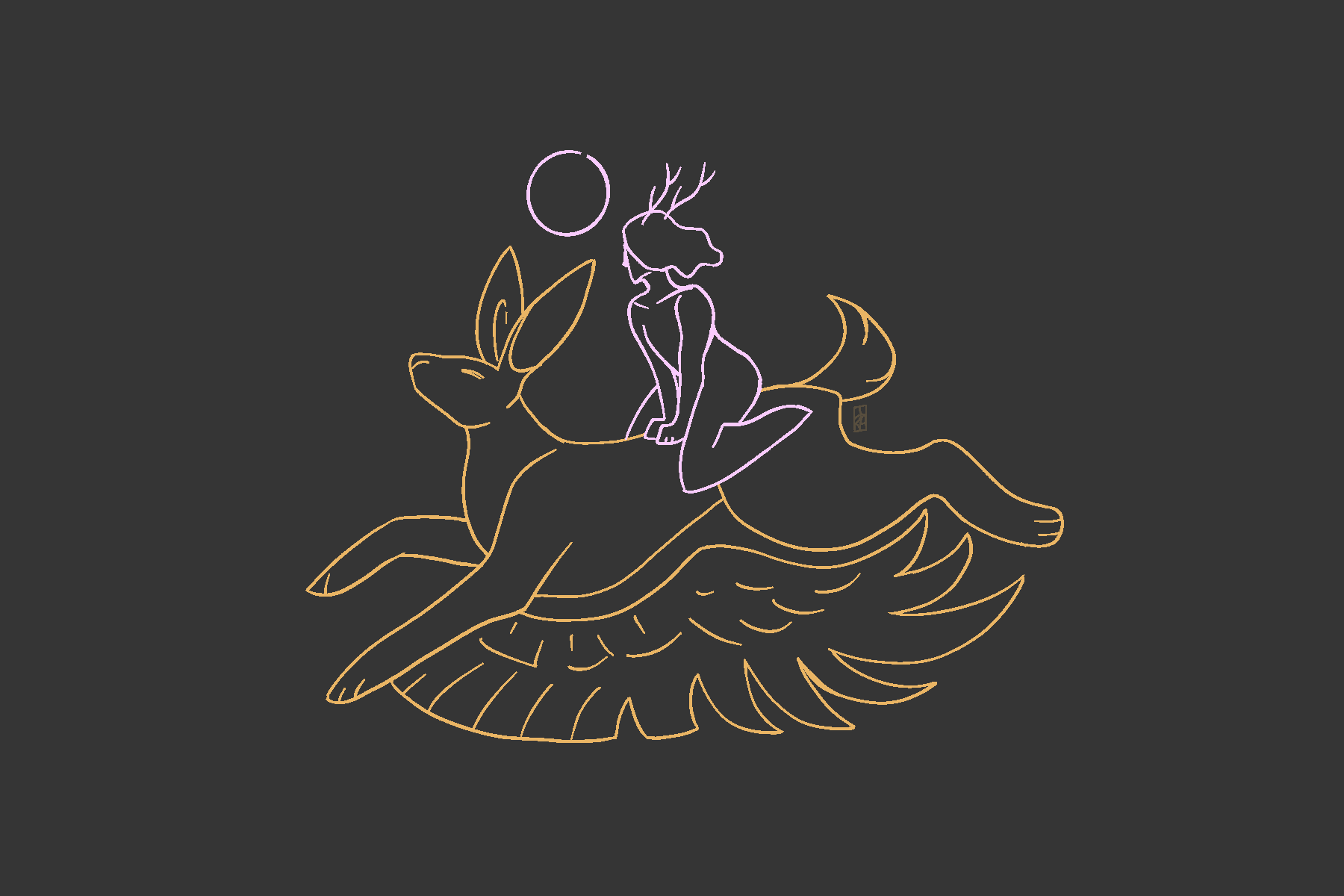 A rabbit with wings on it's front paws carries a horned figure in the void.
