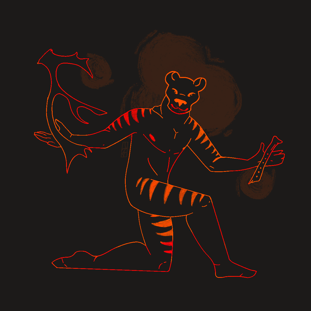 An illustration of a man with a head of a lion standing on one knee with his hands spread to the sides, facing the viewer. In his right hand he has a reindeer antler, in his left - a flute. 