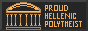 A small dark button with a temple on the left side and text that states: proud hellenic polytheist on the right side
