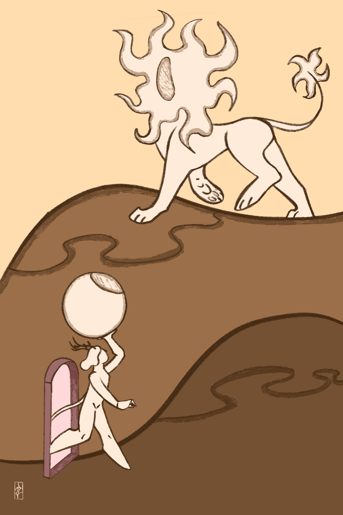 A figure with deer horns and fluffy ended tail passes through an archway. The view of a lion bodied sun walking on the rolling hills is seen in the distance..